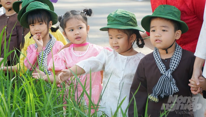 Những 'hai lúa' nhí thích thú khi lần đầu tiên được chạm vào cây lúa, tìm hiểu về quá trình để sản xuất ra hạt gạo. Ảnh: Lê Bình.