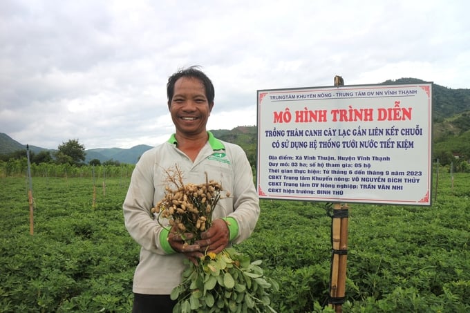 Mô hình thâm canh đậu phộng sử dụng hệ thống tưới tiết kiệm triển khai tại xã Vĩnh Thuận (huyện Vĩnh Thạnh, Bình Định) thành công đã làm thay đổi tư duy sản xuất của đồng bào dân tộc thiểu số. Ảnh: V.Đ.T.