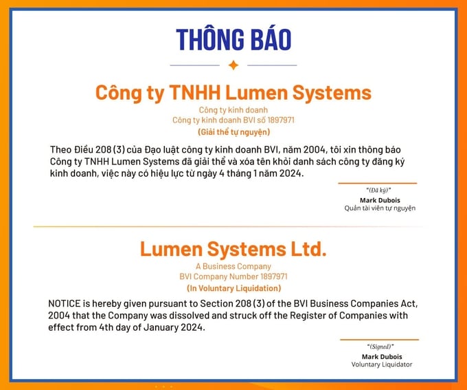 Thông báo của Công ty TNHH Lumen Systems giải thể tự nguyện.